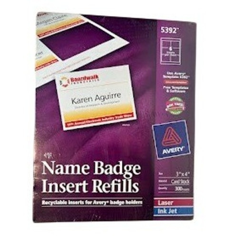 Avery 5392 Name Badge Insert Refills 3x4 White Cardstock Laser Inkjet 300 Count